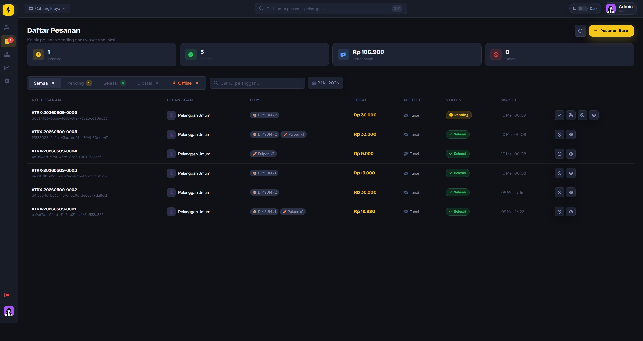 Screenshot daftar pesanan POINTMEDIA.POS